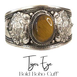 NWT Bold Giant Genuine Tiger Eye Antiqued Silvertone Boho Gypsy Cuff Bracelet
